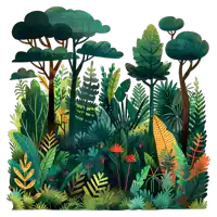 a painting of a lush green forest with trees and plants