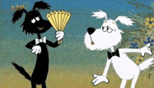 a black dog is holding a fan and a white dog is holding a bouquet of flowers