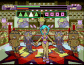 a video game screen shows a girl in a bikini dancing in a ring with a player and time displayed