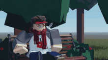 a cartoon character wearing glasses and a scarf sits on a bench under a tree