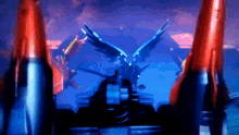 a red and blue rocket with wings is flying in the sky