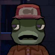 a pixel art of a frog wearing a red hat