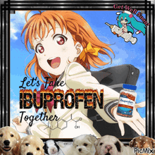 an anime girl is holding a bottle of ibuprofen in her hand