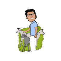 a cartoon drawing of a man standing next to a herd of sheep with a watermark on the bottom right