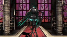 a video game character is dancing on a red carpet in front of a stained glass window with the letters ncr on it