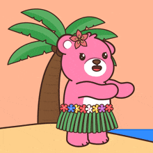 a pink teddy bear wearing a hula skirt is standing on a beach
