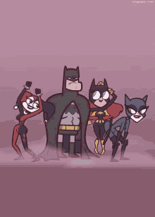 a cartoon of batman harley quinn robin and catwoman standing next to each other