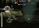 a screenshot of a video game shows a dinosaur attacking a person