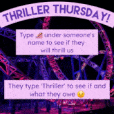 a sign that says " thriller thursday " with a roller coaster in the background