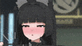 a cartoon girl with black hair is holding a gun and making a funny face