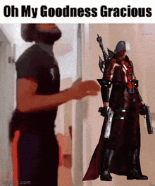 a man standing in front of a devil may cry character