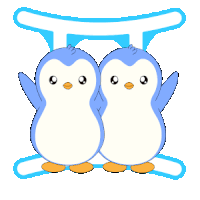 two blue and white penguins are standing next to each other in front of a blue and white sign