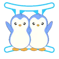 two blue and white penguins are standing next to each other in front of a blue and white sign