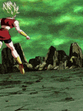 a cartoon character is jumping in the air in front of a green background