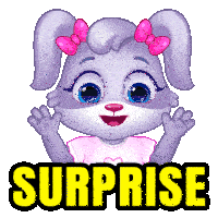 a cartoon rabbit with a pink bow on her ears and the word surprise