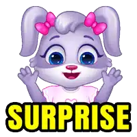 a cartoon rabbit with a pink bow on her ears and the word surprise