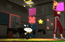 a cartoon character with a giraffe head is standing in a classroom