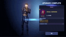 a screenshot of a video game showing the upgrade complete screen