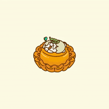 a cartoon drawing of a pumpkin pie with a cat sleeping on top of it