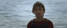a young man wearing a red shirt and a black vest stands in front of the water