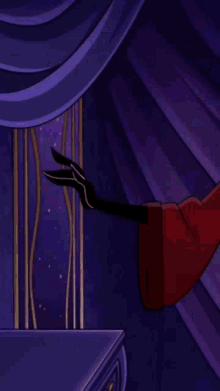 a cartoon character is standing in front of a purple curtain with his tongue out .