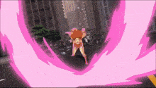 a woman in a pink superhero costume is flying through a pink lightning storm