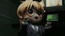 a cartoon character with glasses and a surprised look on her face