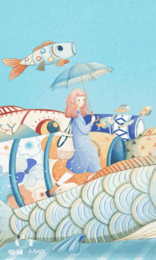 an illustration of a girl holding an umbrella and a fish