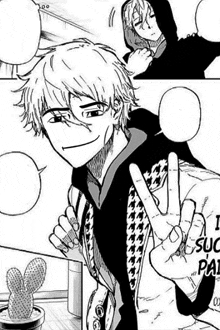 a black and white drawing of a man in a hoodie giving the peace sign .