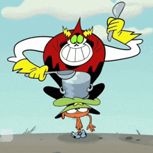a cartoon character is holding a spoon and another character is holding a pot