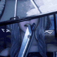 a close up of a woman 's face with a sword sticking out of her mouth
