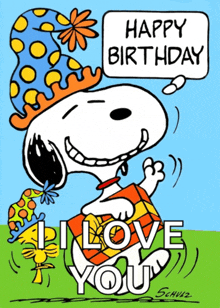 a cartoon of snoopy saying happy birthday