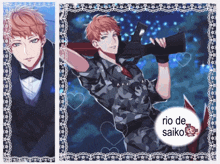 a picture of a man in a tuxedo holding a gun with rio de saiko written on the bottom
