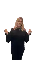 a woman wearing a black sweater with the puma logo on it