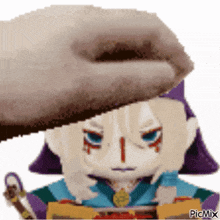 a pixel art of a person putting a hat on another person 's head
