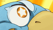 a close up of a cartoon character 's eye with a star in it