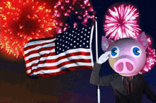 a man with a pig head salutes in front of an american flag and fireworks