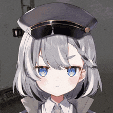 a girl with gray hair and blue eyes wears a hat