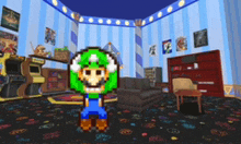 a pixel art of mario in a room with a couch