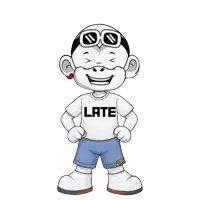 a cartoon character wearing a white shirt that says late on it
