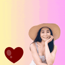 a woman wearing a straw hat is surrounded by colorful geometric shapes and a pink background with a heart in the background