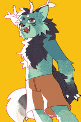 a drawing of a furry character on a yellow background with red eyes
