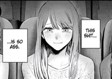a black and white drawing of a woman sitting in a theater with a caption that says this shit ... is so ass .