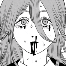 a black and white drawing of a girl with blood dripping out of her mouth