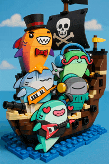 a lego pirate ship with sharks and a skull and crossbones flag