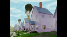 a row of purple houses with trees hanging from the roof
