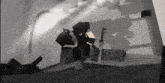 a minecraft character is holding a sword in a black and white video game .