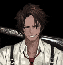 a man wearing suspenders and a red tie smiles with his eyes closed