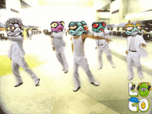 a group of cartoon characters are dancing in a hallway with the words lo go on the bottom right