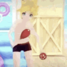 a cartoon character is standing next to an inflatable ring and holding a star .
